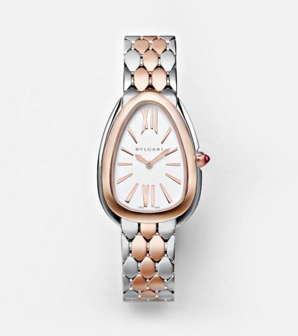 Serpenti Seduttori 33mm 18kt gold and stainless steel watch with rubellite