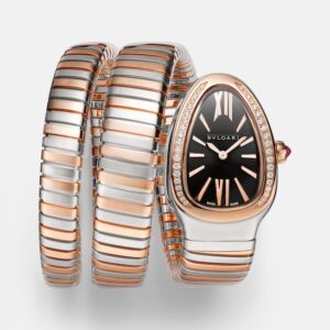 Serpenti Tubogas 18kt rose gold and stainless steel watch with diamonds and rubellite