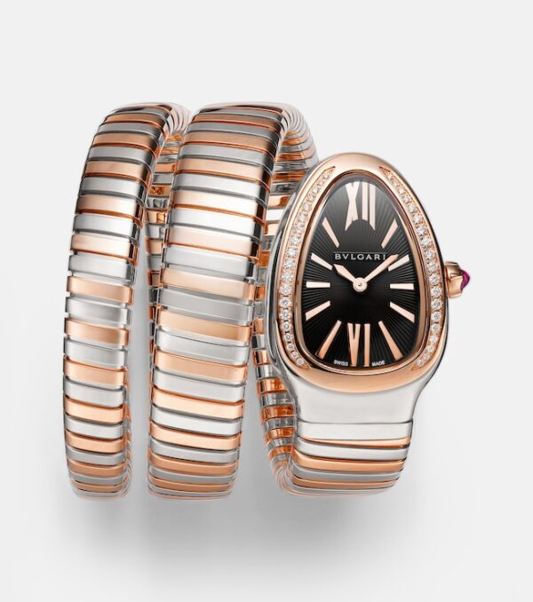 Serpenti Tubogas 18kt rose gold and stainless steel watch with diamonds and rubellite