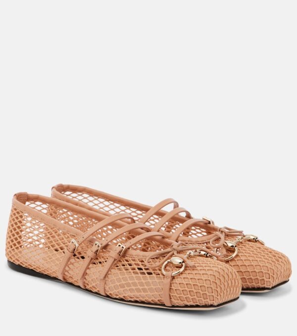Horsebit leather-trimmed mesh ballet flats