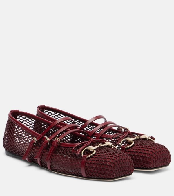 Horsebit leather-trimmed mesh ballet flats